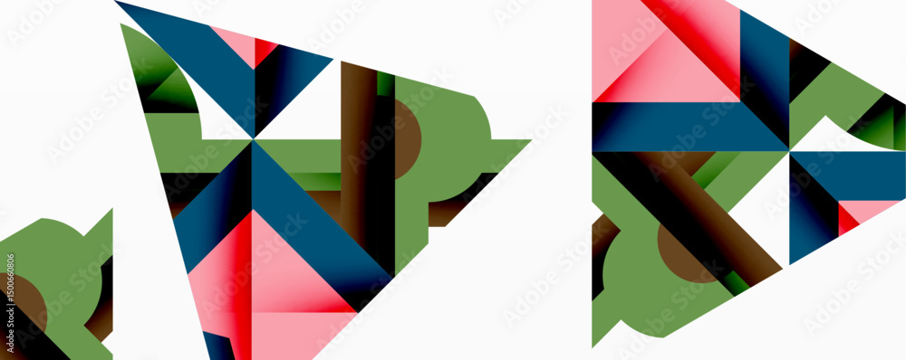 Poster abstract geometric shapes overlap, creating dynamic composition. colors include red, green, blue, bl