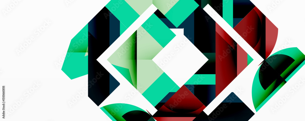 Poster abstract geometric composition. overlapping shapes create dynamic visual effect. green, red, white c