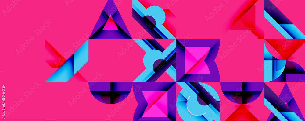 Poster abstract geometric shapes, vibrant pink background. blue, purple elements create dynamic composition