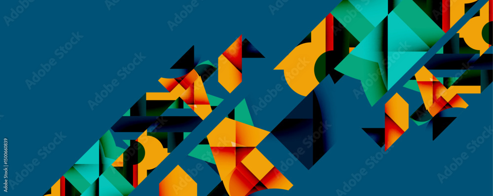 Poster Abstract geometric shapes overlap, creating dynamic composition. Vivid colors contrast against dark background. Modern design elements present.