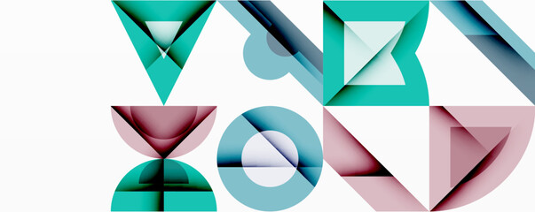 Abstract geometric shapes overlap, creating dynamic composition. Teal, pink, blue hues dominate minimalist design. Clean lines, modern aesthetic.