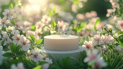 Elegant display pedestal placed among spring flowers in full bloom, surrounded by soft grasses and green leaves, ideal for cosmetic product presentation