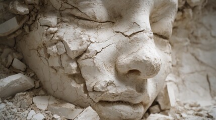 Close-up of a cracked, off-white stone sculpture, depicting a face, showcasing texture and fragility, symbolizing decay, loss, or impermanence