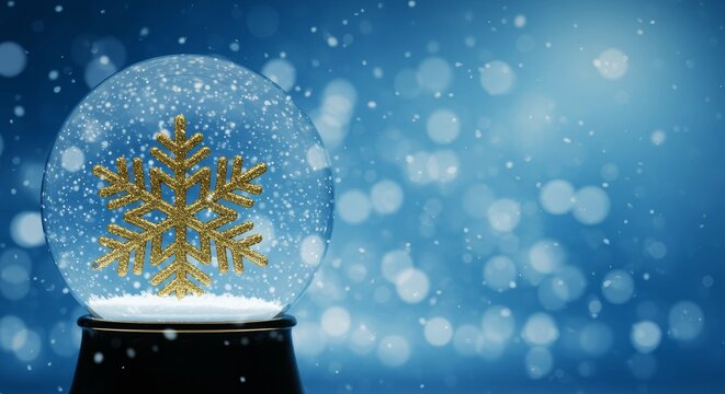 3D Render of a Golden Snowflake in a Snow Globe Against Blue Bokeh Background - Powered by Adobe