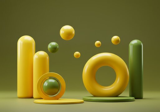 3D Render of Geometric Shapes in Yellow and Green on Green Background