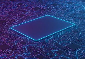 3D Rendered Abstract Circuit Board with Neon Blue and Purple Light