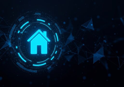 3D Rendered Blue Home Icon Surrounded By Digital Network Technology Concept Background