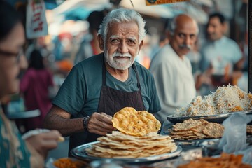 Elderly Man Serving Freshly Fried Flatbread at Street Market Stall
