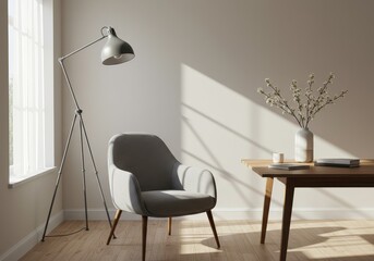 3D Rendered Interior Room With Chair Table Lamp Window and Bright Light