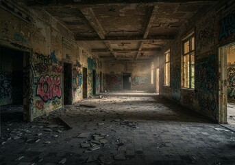 Obraz premium Abandoned Building Interior Dark Hallway With Graffiti and Decay Photo