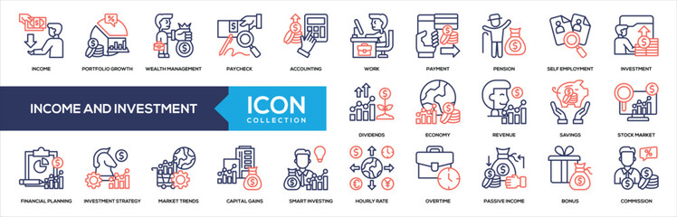 Fototapeta premium Income and Investment Line Color Icon Collection