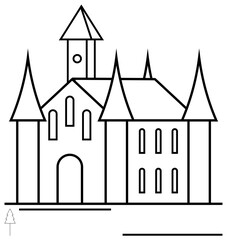 Obraz premium Medieval-style castle with symmetrical pointed towers, arched doors, and elongated windows. Ideal for heritage, architecture, fairy tales, history, exploration storytelling and fantasy. Flat simple
