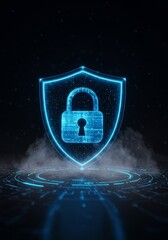Abstract Blue Shield And Lock Cyber Security Illustration On Dark Background