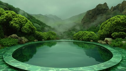 Serene mountain pool nestled amidst lush greenery in a misty landscape