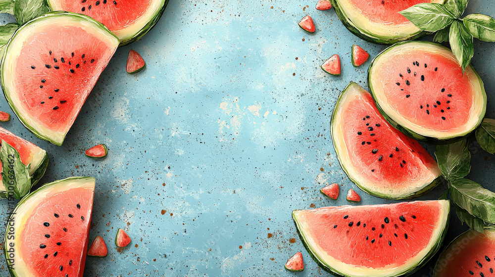 Poster slices of juicy watermelon with seeds and mint leaves are arranged on textured blue background, crea