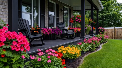 Vibrant porch with colorful flowers.  Relaxing rocking chairs under a covered porch