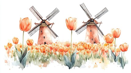 Dutch Windmills Tulips Field Watercolor Painting Spring Landscape
