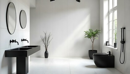 Minimalist monochrome bathroom with black fixtures, white tiles, and clean lines.