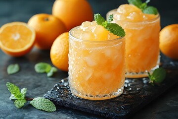 Refreshing orange drinks on a dark background