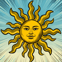 Celestial Sun Face with Rays, Vintage Style Illustration