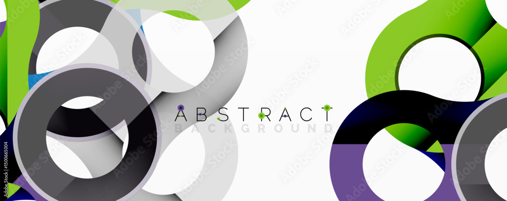 Poster Modern design features overlapping circles. Green, gray, purple hues create dynamic visual effect. Clean background enhances composition.