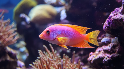 Fototapeta premium Tropical sea underwater fishes on coral reef. Aquarium oceanarium wildlife colorful marine panorama landscape nature snorkeling diving