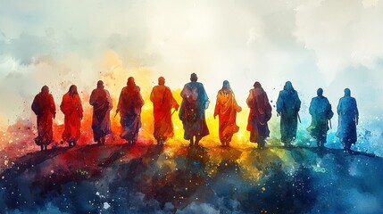 Watercolor illustration of the twelve chosen disciples in the Christian Bible, religious artwork in watercolor