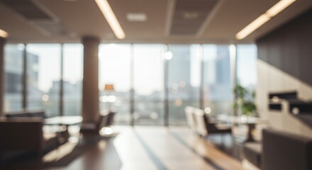 Abstract Blurred Interior Scene Of Office With Daylight Through Windows