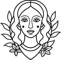 line art woman with flowers. Minimal artistic female portrait. Modern minimal black and white botanical illustration.