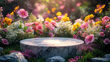 Round marble podium placed in a lush garden of pink, yellow, and white summer flowers, glowing under soft daylight