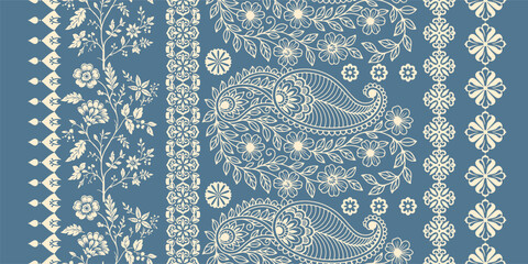 floral pattern vintage ethnic modern embroidery texture boho design vector illustration hand drawn pink flower motif branches leaves wallpaper seamless background border. © Thitichot