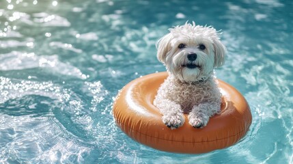 Adorable Maltese dog enjoying a refreshing swim in a sparkling blue pool inside an orange float under sunlight