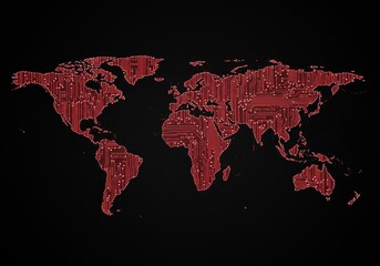 Abstract Digital World Map Illustration in Red Circuitry Design on Black Background