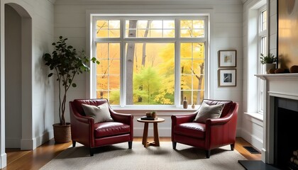 Modern farmhouse living room with shiplap walls, leather armchairs, and cozy textiles