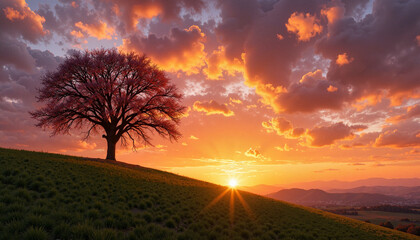 Majestic tree silhouetted against vibrant sunset sky over hills  