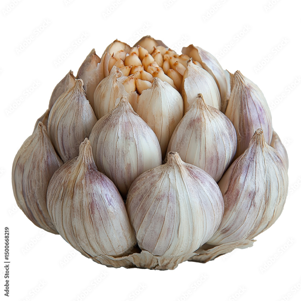 Poster Garlic head with cloves slightly opened, isolated on transparency background, showcasing its natural texture and color. garlic appears fresh and aromatic