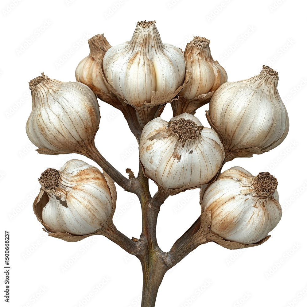Poster Cluster of garlic heads with cloves slightly opened, isolated on transparency background, showcasing their natural texture and earthy tones