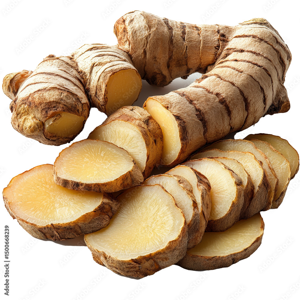 Aufkleber sliced galangal root showing its interior pattern, isolated on transparency background. fresh slices