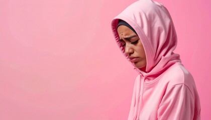 Obraz premium Sad Young Woman in Pink Hoodie - Monochromatic palettes