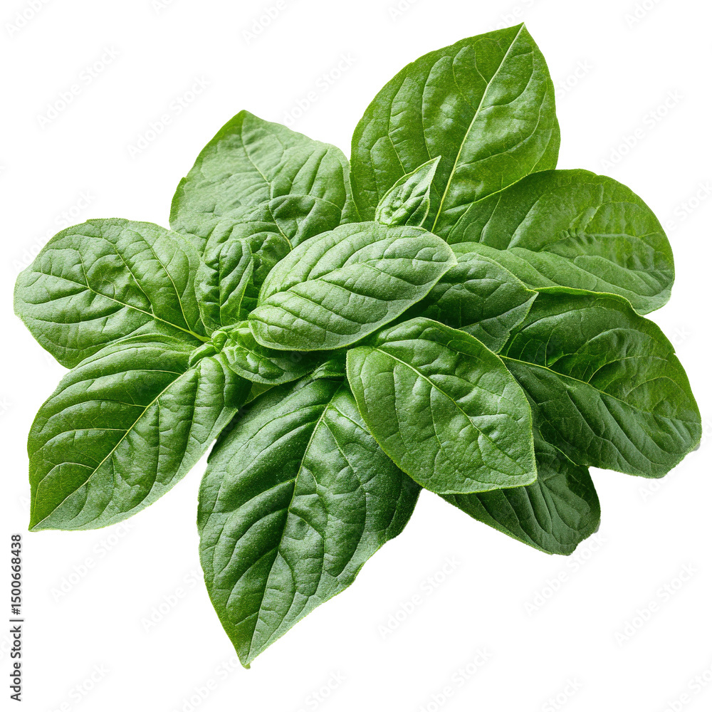 Poster fresh green basil leaves with rough texture and visible veins are arranged in cluster, showcasing th