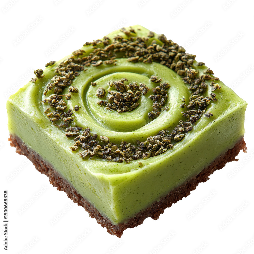 Poster square slice of matcha cake with creamy swirl on top, featuring chocolate base and sprinkled with cr