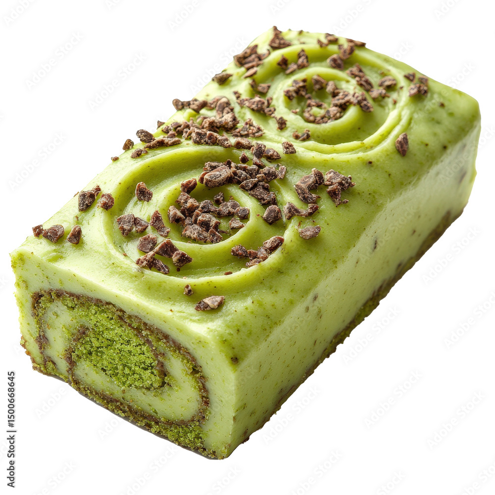Poster slice of matcha roll cake with creamy swirl, topped with chocolate shavings, showcasing modern baker
