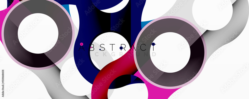 Poster abstract circles overlap, creating dynamic composition. pink, gray, blue hues dominate design. moder