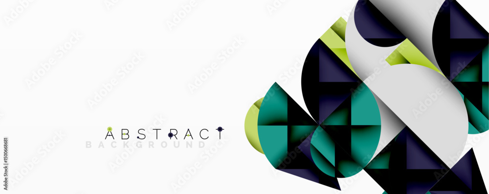 Poster geometric shapes overlap, creating dynamic abstract design. teal, navy, white colors dominate compos