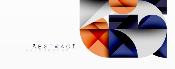 Geometric shapes overlap, creating dynamic composition. Blue, orange, white dominate design. Modern aesthetic, clean lines present.