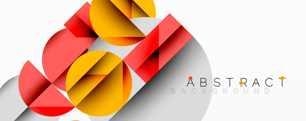 Modern geometric design. Overlapping shapes create dynamic composition. Red, yellow, gray tones dominate visual space. Minimalist aesthetic.