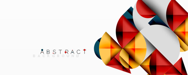 Geometric shapes overlap, creating vibrant abstract design. Red, yellow, blue tones dominate composition. Modern aesthetic.