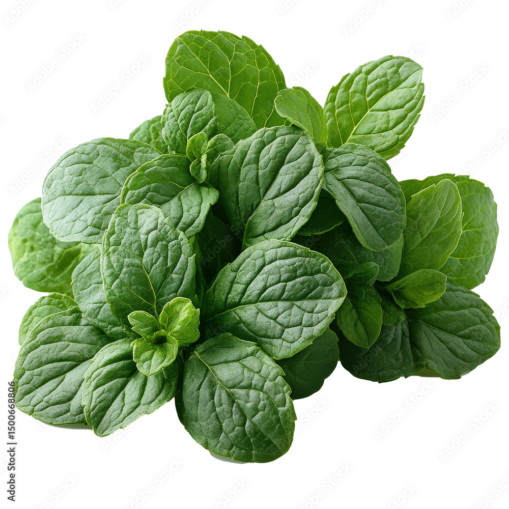 Poster fresh mint leaves with vibrant green color and curled edges isolated on transparency background, sho