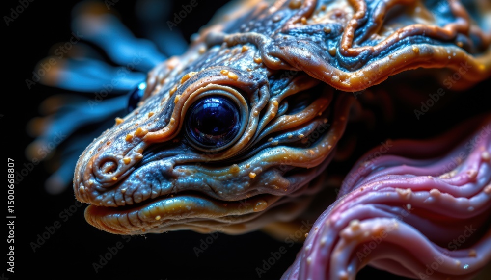 Poster close-up view of colorful abstract creature with intricate patterns and textures, featuring vibrant 