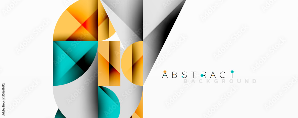 Poster geometric shapes overlap, creating vibrant abstract background. orange, teal, white dominate design.